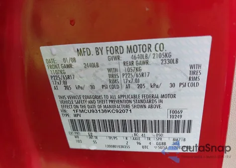 2008 Ford Escape Xlt z USA, uszkodzony, nr VIN 1FMCU93138KC92071